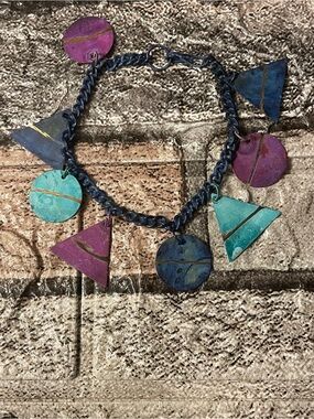 Vintage Style 1980s Hand Painted Brass Geometric Charm Bracelet
